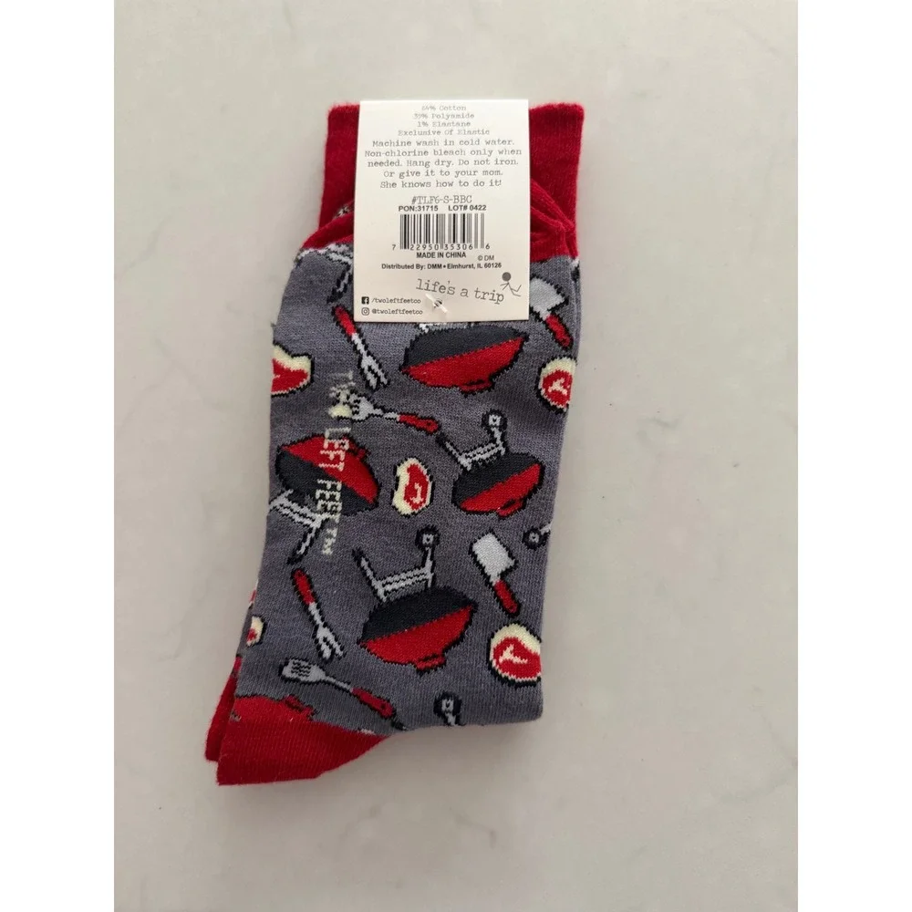 Two Left Feet Sock Co Barbecue BBQ Novelty‎ Crew Socks Gray Red Small Feet NWT